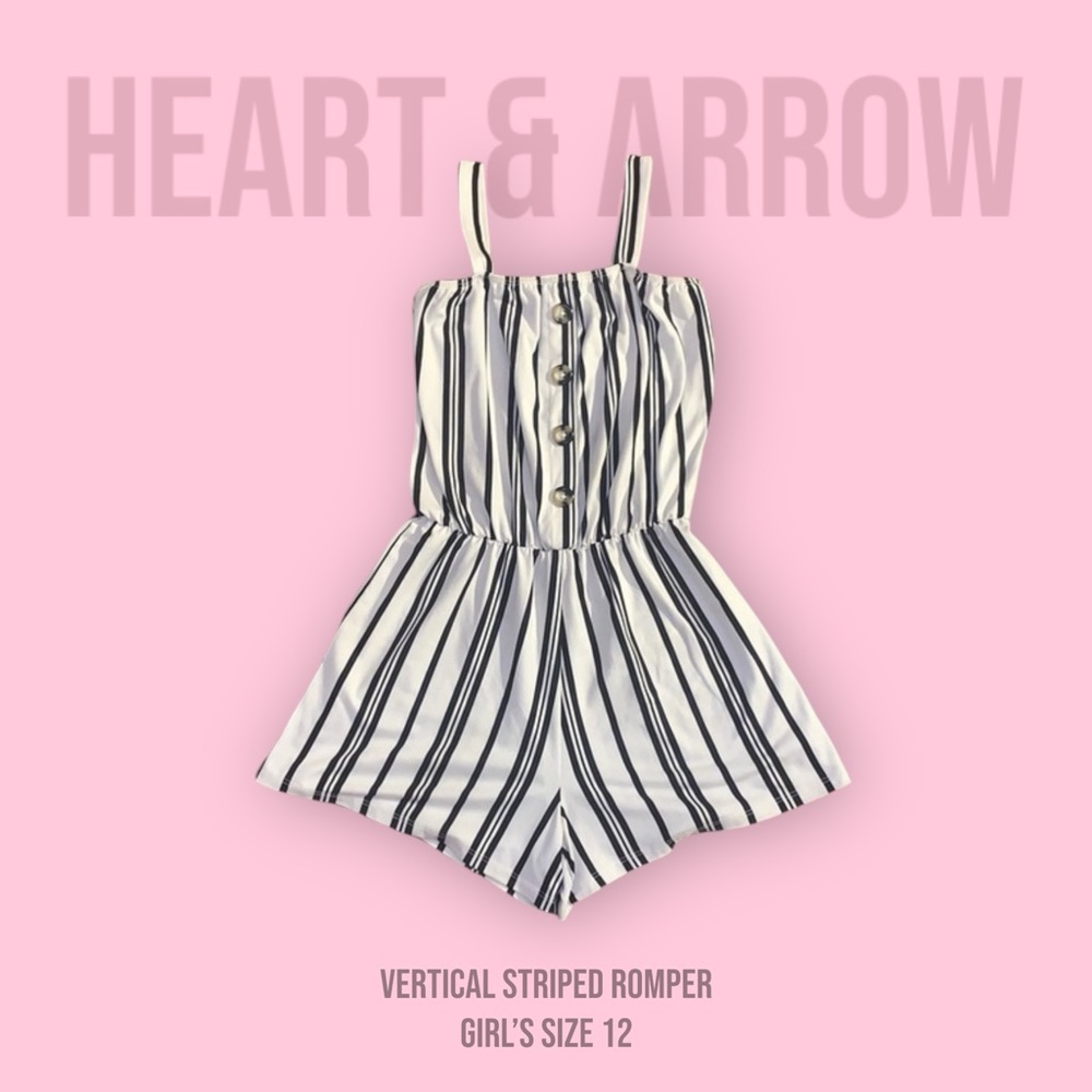 Heart & Arrow Girls Black White Striped Romper Size 12 Tie-Top Button Front
